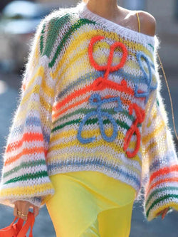 Rainbow Contrast Stripe Pullover Sweater - AnotherChill