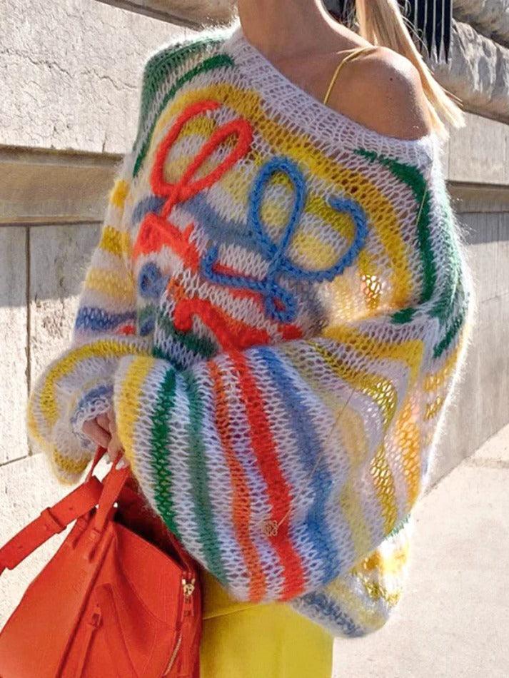 Rainbow Contrast Stripe Pullover Sweater - AnotherChill