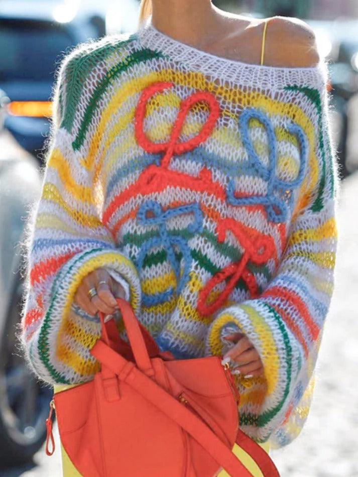 Rainbow Contrast Stripe Pullover Sweater - AnotherChill