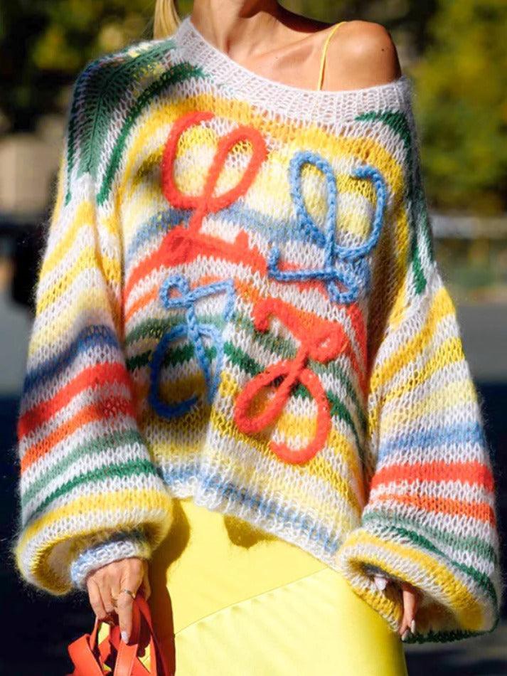 Rainbow Contrast Stripe Pullover Sweater - AnotherChill