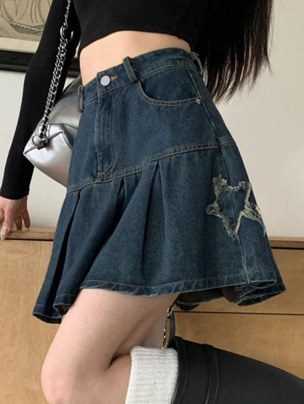 Retro Pleated High Waist A Line Denim Mini Skirt - AnotherChill