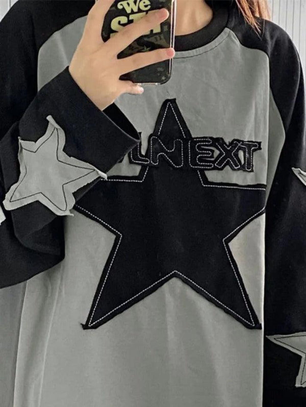 Retro Star Print Contrast Oversized Sweatshirts - AnotherChill