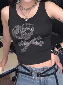 Rhinestone Skull Black Cropped Tank Top - AnotherChill