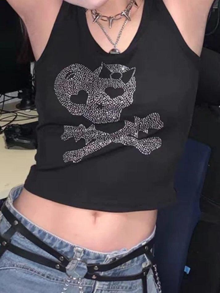 Rhinestone Skull Black Cropped Tank Top - AnotherChill
