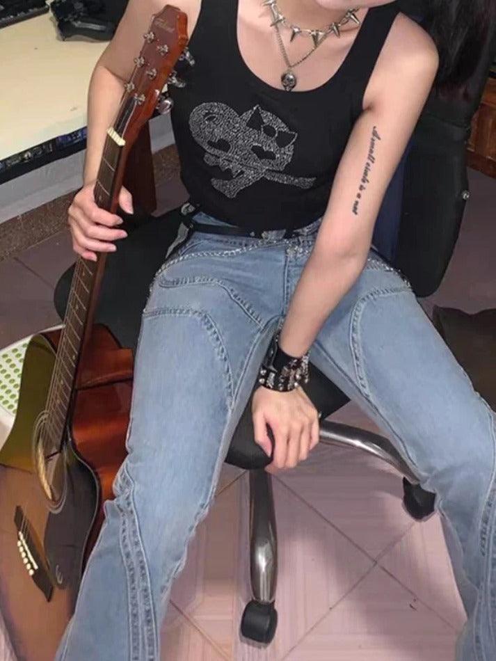 Rhinestone Skull Black Cropped Tank Top - AnotherChill