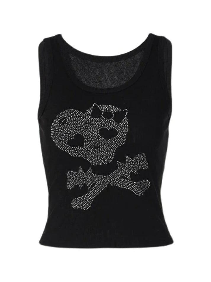 Rhinestone Skull Black Cropped Tank Top - AnotherChill