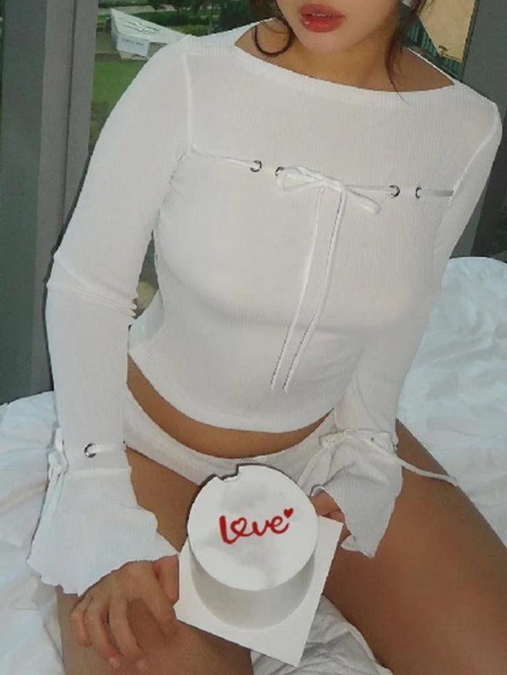 Ribbed Bow Lace Up Flare Long Sleeve Knit - AnotherChill