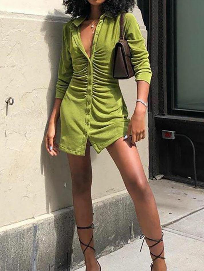 ruched velvet shirt dress Dress for Women Vintage Ruched Front Velvet Shirt Dress Long Sleeve Button Down Bodycon Dresses - Pull on Closure Dress and Sexy Wrap V Neck Skirt price