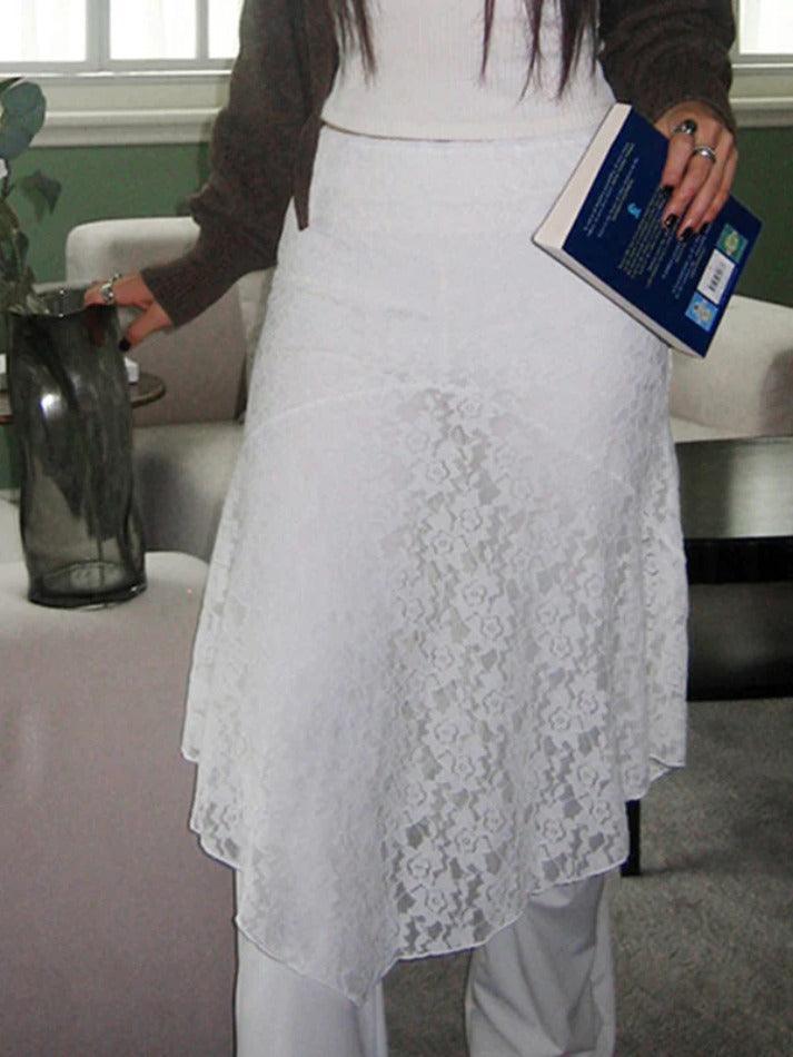 See Through Lace Splice Irregular Hem Midi Skirt - AnotherChill