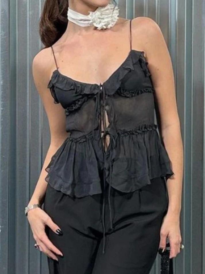 See Through Ruffled Trim Tie Up Cami Top - AnotherChill