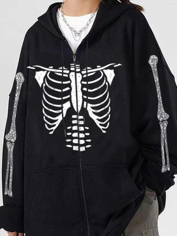 Skeleton Print Rhinestone Zip Up Oversized Hoodie - AnotherChill