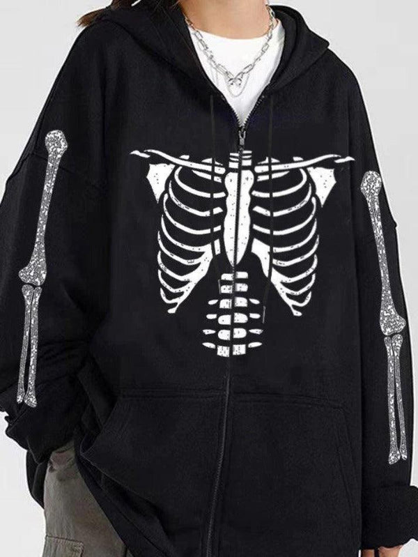 Skeleton Print Rhinestone Zip Up Oversized Hoodie - AnotherChill