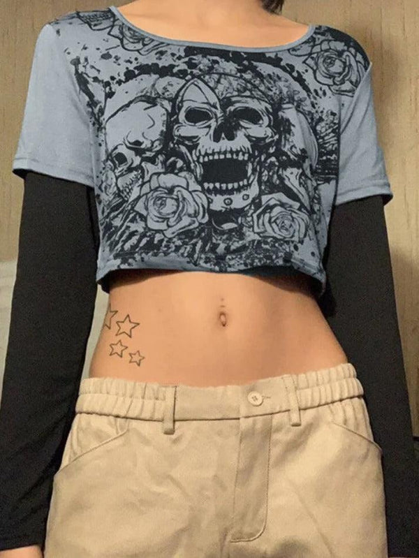 Skull Print Fake Two Piece Long Sleeve Tee - AnotherChill