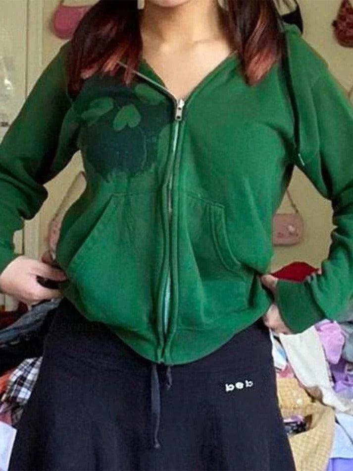 Skull Print Green Zip Up Hoodie - AnotherChill