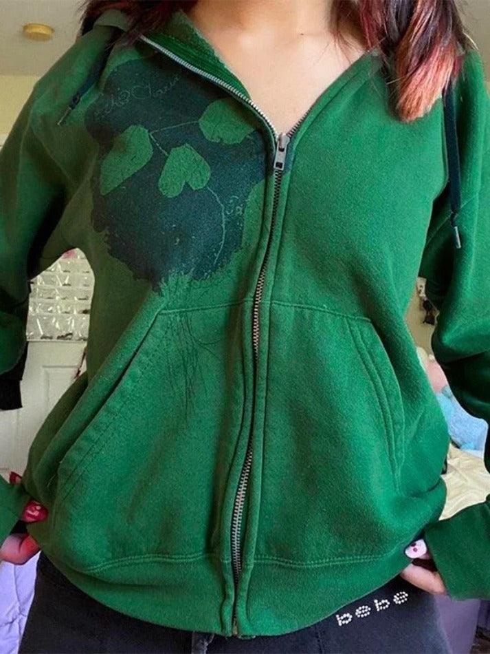 Skull Print Green Zip Up Hoodie - AnotherChill