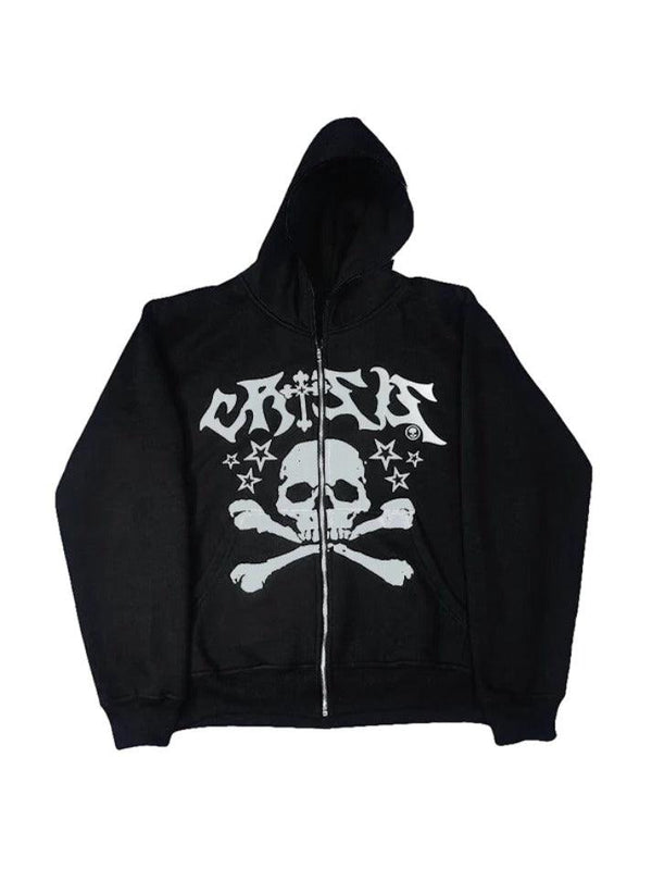 Skull Star Print Full Zip Fleece Oversized Hoodie - AnotherChill