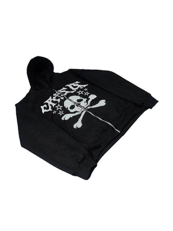 Skull Star Print Full Zip Fleece Oversized Hoodie - AnotherChill