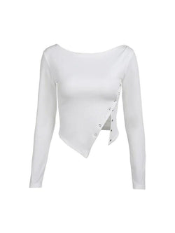Slanted Shoulder Snap Button Slit Long Sleeve Tee - AnotherChill