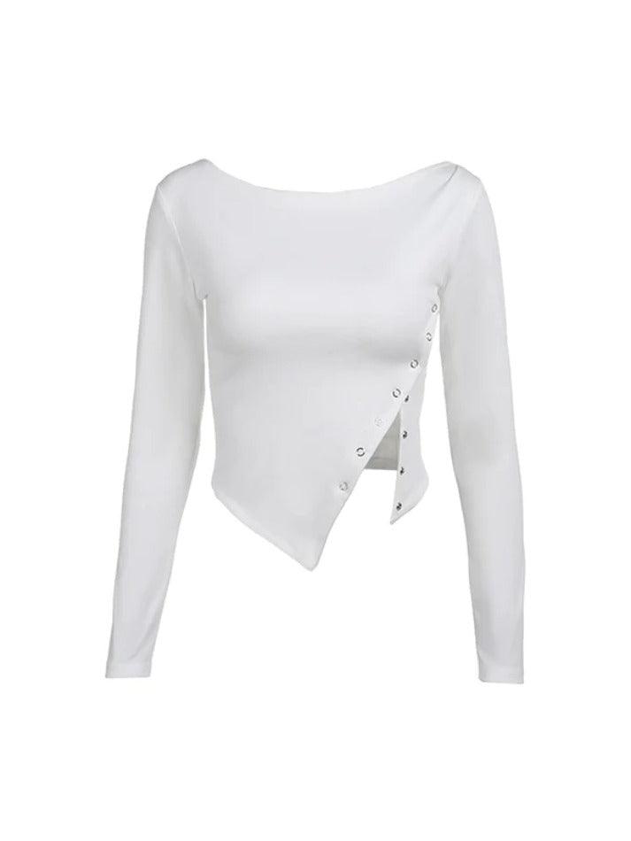 Slanted Shoulder Snap Button Slit Long Sleeve Tee - AnotherChill