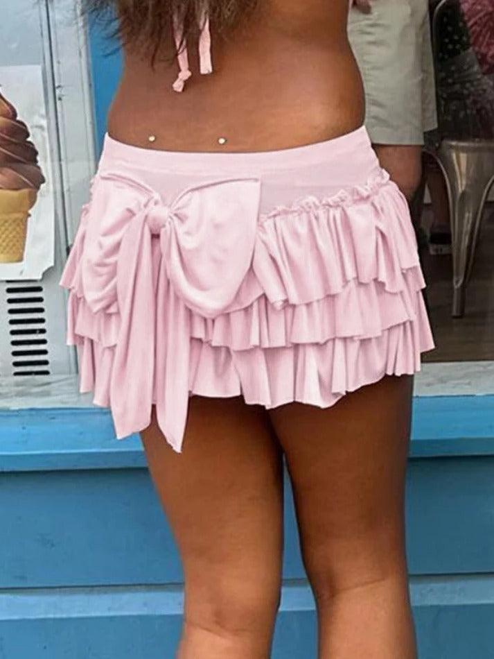 Solid Bow Splice Low Rise Tiered Mini Skirt - AnotherChill