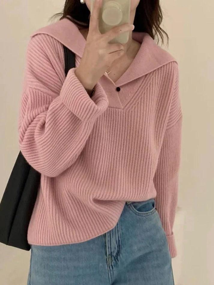 Solid Color Lapel Neck Baggy Sweater - AnotherChill