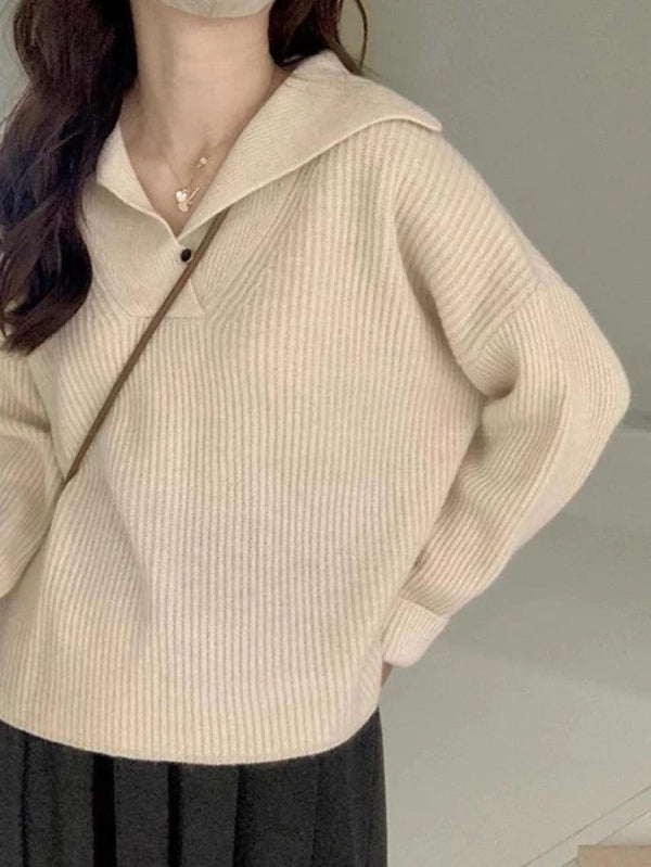 Solid Color Lapel Neck Baggy Sweater - AnotherChill
