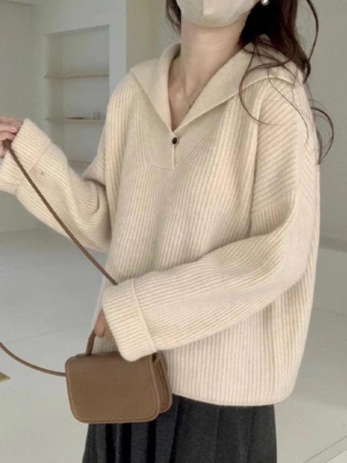 Solid Color Lapel Neck Baggy Sweater - AnotherChill