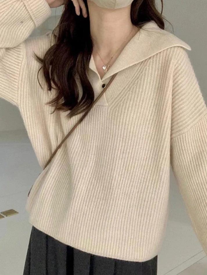 Solid Color Lapel Neck Baggy Sweater - AnotherChill