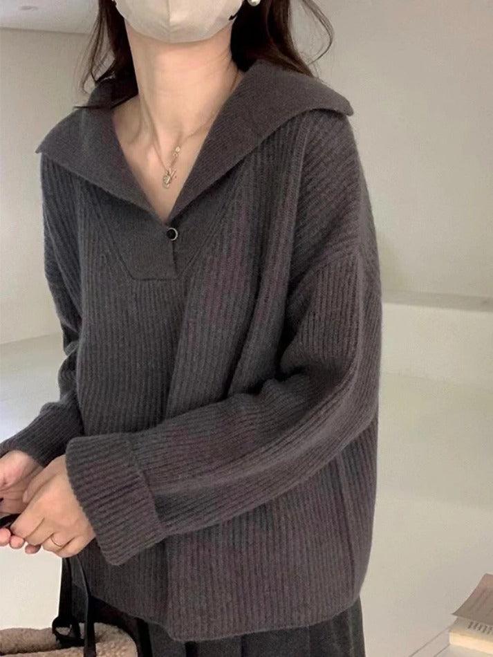 Solid Color Lapel Neck Baggy Sweater - AnotherChill