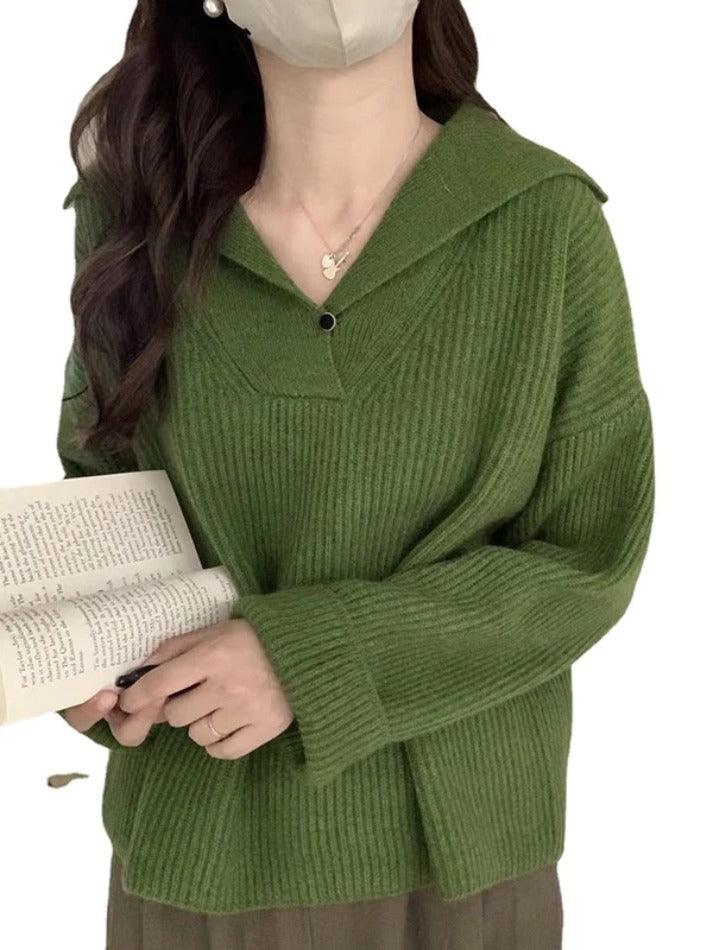 Solid Color Lapel Neck Baggy Sweater - AnotherChill