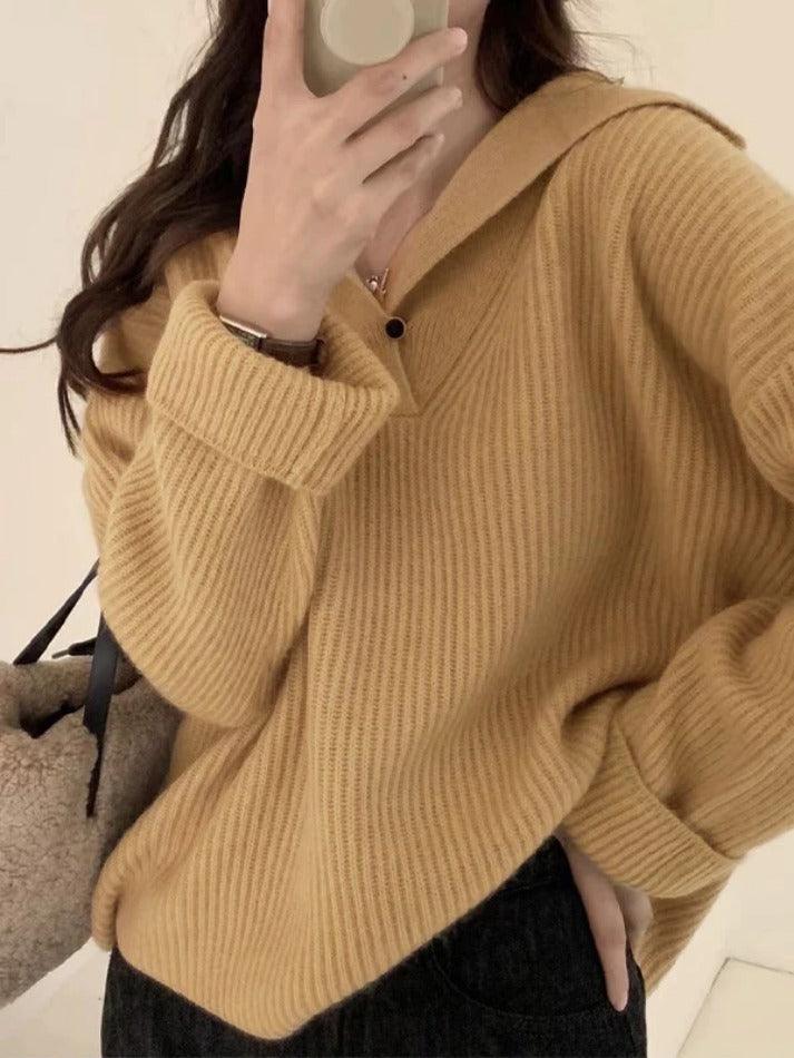 Solid Color Lapel Neck Baggy Sweater - AnotherChill