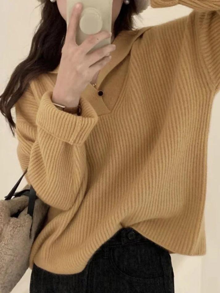 Solid Color Lapel Neck Baggy Sweater - AnotherChill