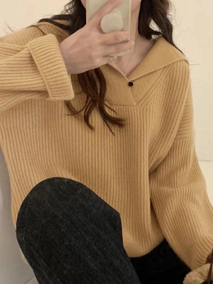 Solid Color Lapel Neck Baggy Sweater - AnotherChill