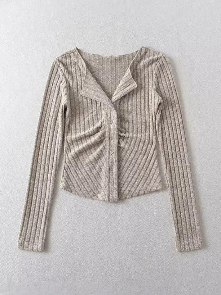 Solid Color Lapel Neck Ruched Breasted Long Sleeve Knit - AnotherChill