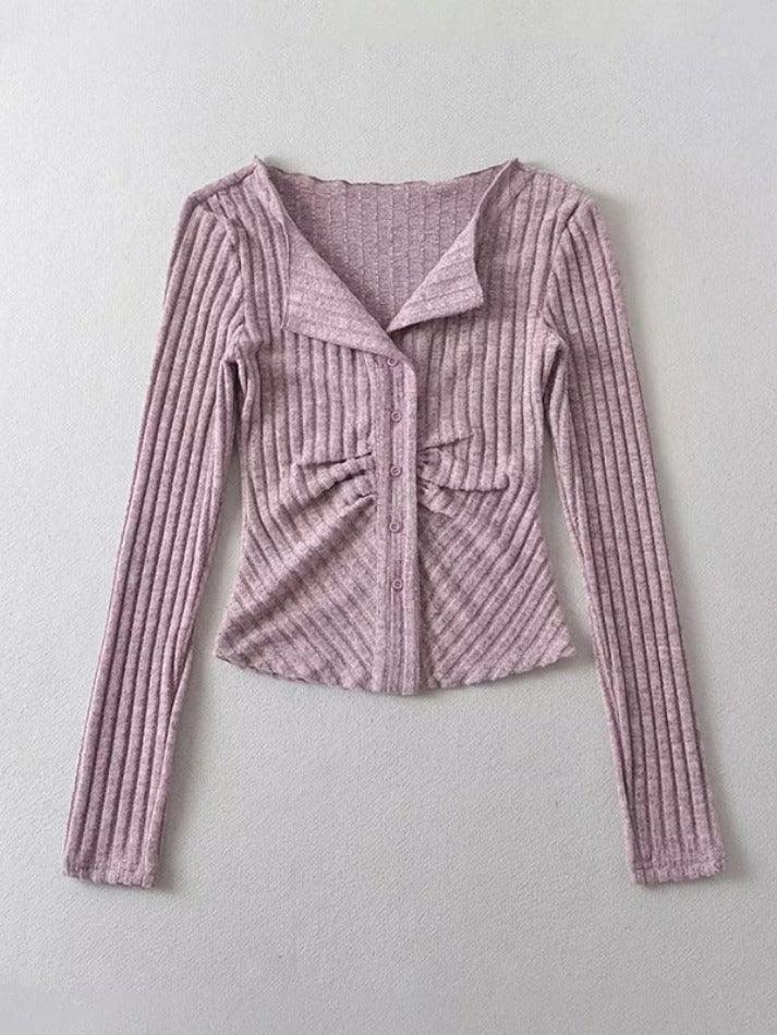 Solid Color Lapel Neck Ruched Breasted Long Sleeve Knit - AnotherChill