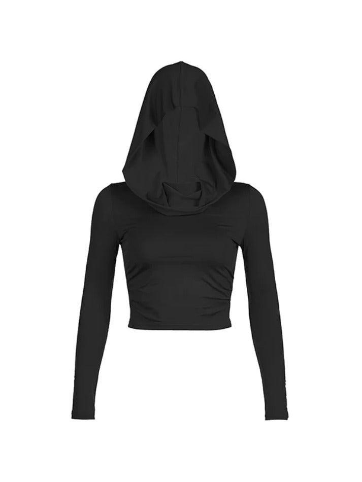 Solid Color Pleated Hooded Crop Long Sleeve Tee - AnotherChill