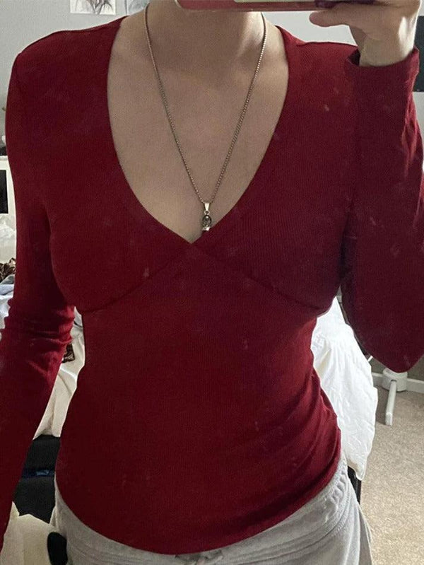 Solid Color Rib V Neck Slim Long Sleeve Knit - AnotherChill