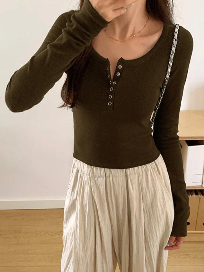 Solid Color Ribbed Breasted Slim Long Sleeve Knit - AnotherChill