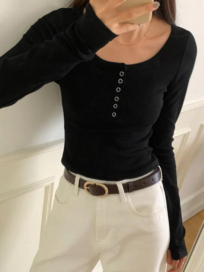 Solid Color Ribbed Breasted Slim Long Sleeve Knit - AnotherChill