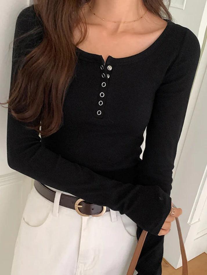Solid Color Ribbed Breasted Slim Long Sleeve Knit - AnotherChill