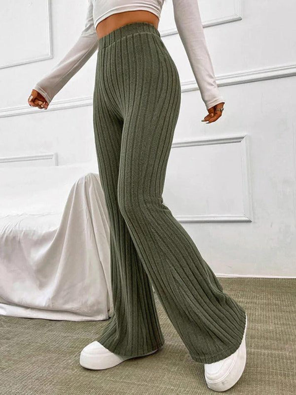 Solid Color Ribbed High Waist Flare Leg Pants - AnotherChill