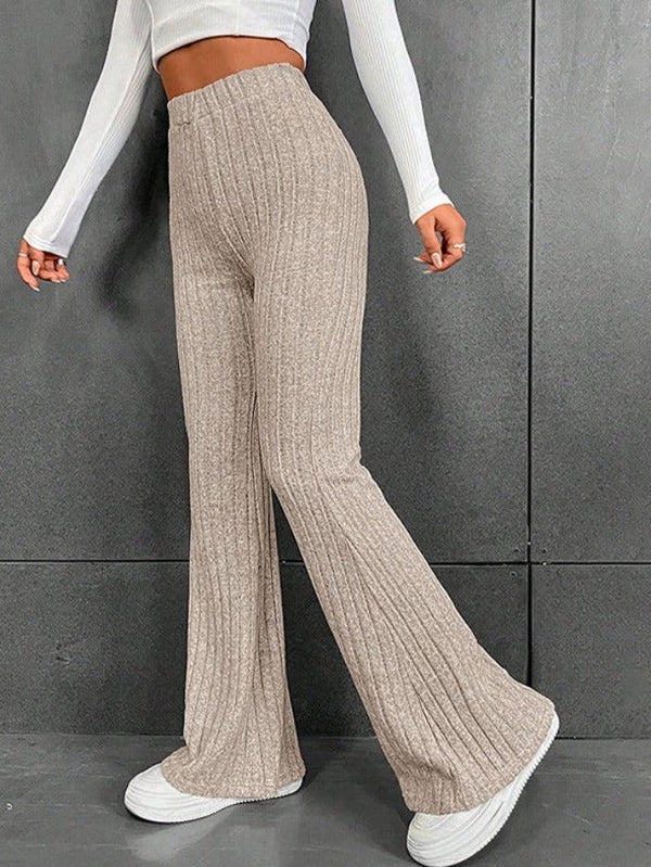 Solid Color Ribbed High Waist Flare Leg Pants - AnotherChill