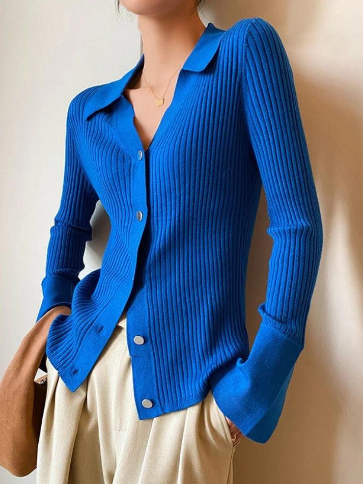 Solid Color Ribbed Metal Button V Neck Cardigan - AnotherChill