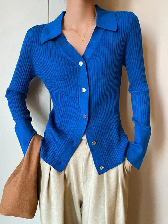 Solid Color Ribbed Metal Button V Neck Cardigan - AnotherChill
