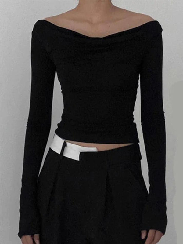 Solid Color Stacked Neck Backless Lacing Long Sleeve Tee - AnotherChill