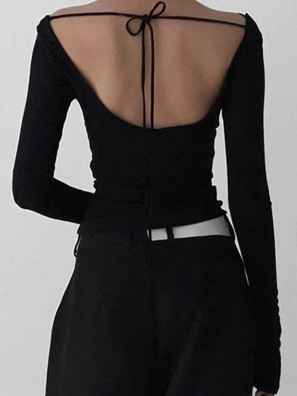Solid Color Stacked Neck Backless Lacing Long Sleeve Tee - AnotherChill