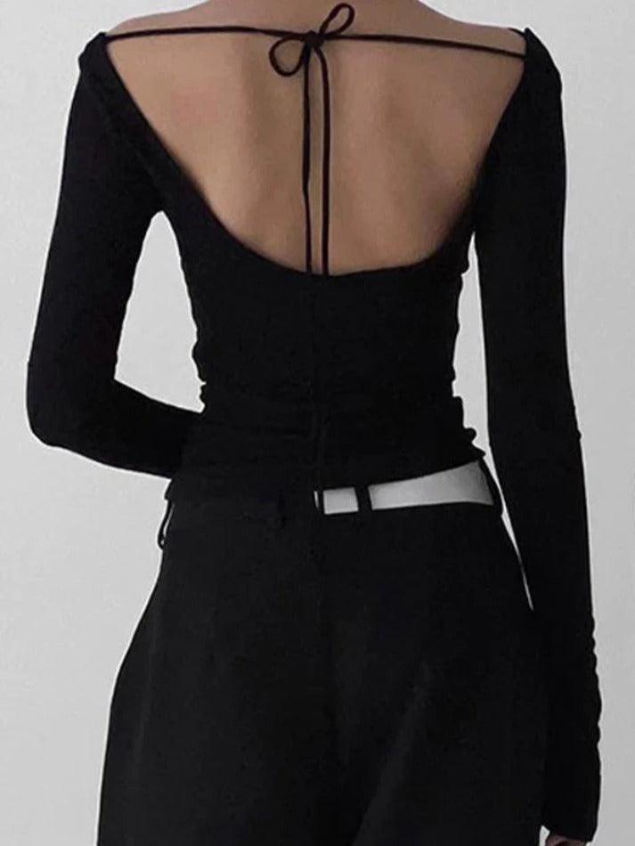 Solid Color Stacked Neck Backless Lacing Long Sleeve Tee - AnotherChill