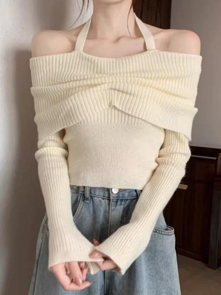Solid Halter Ruched Cold Shoulder Sweater - AnotherChill