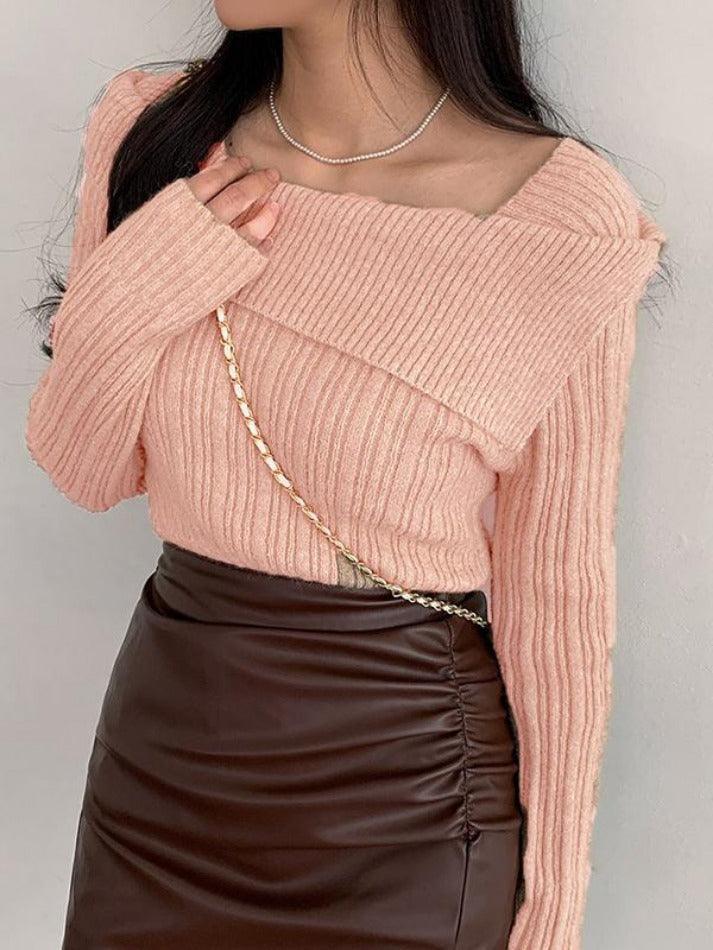 Solid Lapel Neck Slim Knit Sweater - AnotherChill