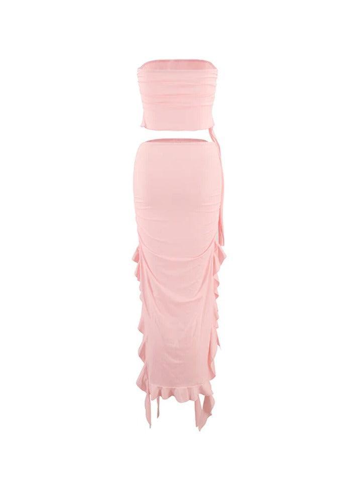 Solid Ruched Cropped Bandeau Top & Ruffled Trim Split Skirt Set - AnotherChill